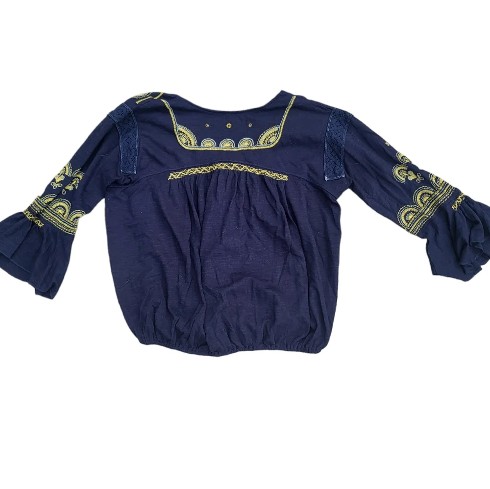 Free People Navy Blue And Yellow Boho Embroidered Flair Sleeve Top Size Medium